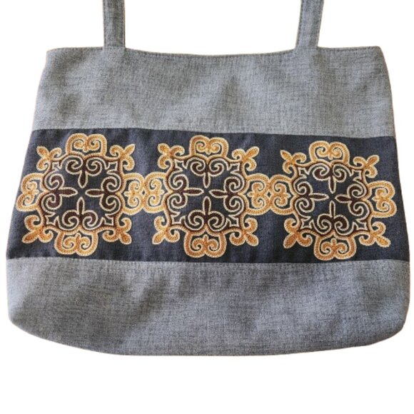 Mary & Martha Embroidered Tote Bag – Zippered Closure – Gray & Gold - Picture 5 of 10